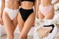 Three women in pastel-colored, high-waisted underwear; left in white, center in black, right in pink. Inset shows folded panties in beige, pink, and black on a bed with flowers. Elegant and soft tone.