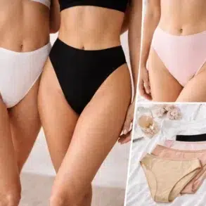 Three women in pastel-colored, high-waisted underwear; left in white, center in black, right in pink. Inset shows folded panties in beige, pink, and black on a bed with flowers. Elegant and soft tone.