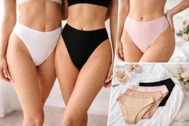 Three women in pastel-colored, high-waisted underwear; left in white, center in black, right in pink. Inset shows folded panties in beige, pink, and black on a bed with flowers. Elegant and soft tone.