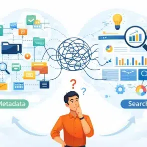 A confused man ponders between tangled metadata icons on the left and organized search data on the right, symbolizing data complexity and clarity.