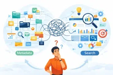 A confused man ponders between tangled metadata icons on the left and organized search data on the right, symbolizing data complexity and clarity.