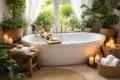 Garden Tub Ideas on a budget with a styled tub tray, soft towels, warm lighting, and a modern faucet finish