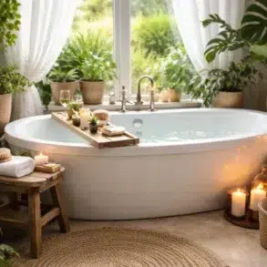 Garden Tub Ideas on a budget with a styled tub tray, soft towels, warm lighting, and a modern faucet finish