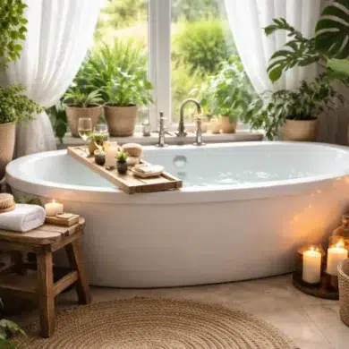 Garden Tub Ideas on a budget with a styled tub tray, soft towels, warm lighting, and a modern faucet finish