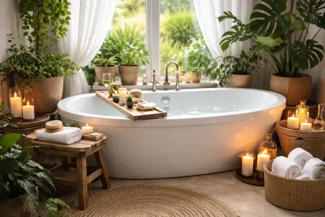 Garden Tub Ideas on a budget with a styled tub tray, soft towels, warm lighting, and a modern faucet finish