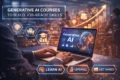 A person at a laptop displaying "Generative AI" surrounded by glowing icons symbolizing education and career growth. Text reads "Generative AI Courses to Build Job-Ready Skills." Keywords: Learn AI, Upskill, Get Hired. The tone is futuristic and professional.