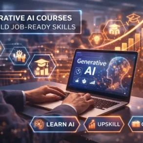 A person at a laptop displaying "Generative AI" surrounded by glowing icons symbolizing education and career growth. Text reads "Generative AI Courses to Build Job-Ready Skills." Keywords: Learn AI, Upskill, Get Hired. The tone is futuristic and professional.