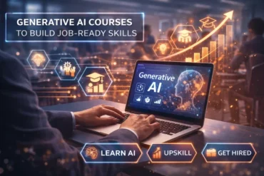 A person at a laptop displaying "Generative AI" surrounded by glowing icons symbolizing education and career growth. Text reads "Generative AI Courses to Build Job-Ready Skills." Keywords: Learn AI, Upskill, Get Hired. The tone is futuristic and professional.