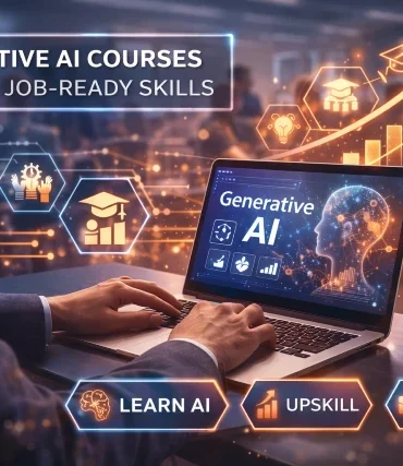 A person at a laptop displaying "Generative AI" surrounded by glowing icons symbolizing education and career growth. Text reads "Generative AI Courses to Build Job-Ready Skills." Keywords: Learn AI, Upskill, Get Hired. The tone is futuristic and professional.