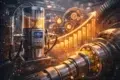 Futuristic machinery with a transparent fluid container connected to industrial equipment. Glowing graph with upward arrow, symbolizing progress and innovation.