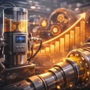 Futuristic machinery with a transparent fluid container connected to industrial equipment. Glowing graph with upward arrow, symbolizing progress and innovation.