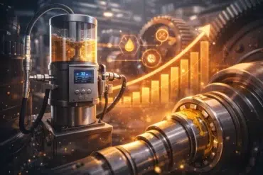 Futuristic machinery with a transparent fluid container connected to industrial equipment. Glowing graph with upward arrow, symbolizing progress and innovation.