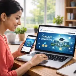 A person views a university website on a laptop while holding a smartphone, with study materials and a plant in the background.