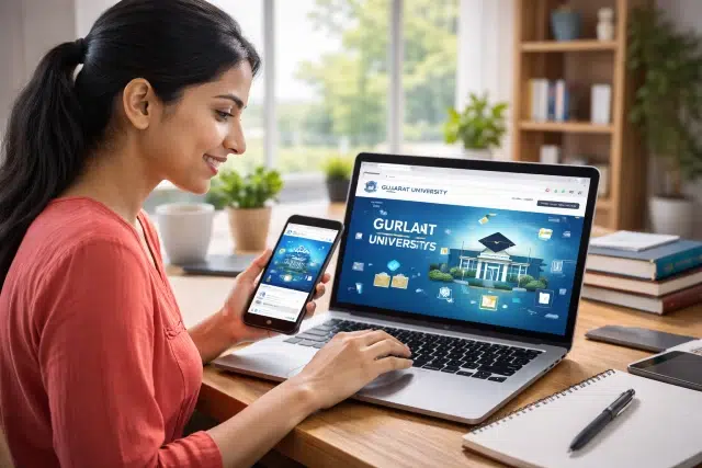 A person views a university website on a laptop while holding a smartphone, with study materials and a plant in the background.