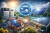 A vibrant scene showcasing homes and buildings with solar panels, wind turbines, and a digital energy management system, emphasizing renewable energy.
