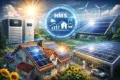 A vibrant scene showcasing homes and buildings with solar panels, wind turbines, and a digital energy management system, emphasizing renewable energy.