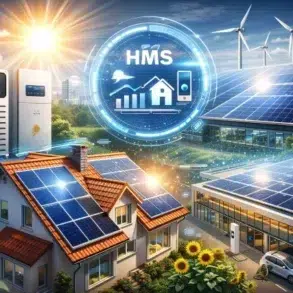 A vibrant scene showcasing homes and buildings with solar panels, wind turbines, and a digital energy management system, emphasizing renewable energy.