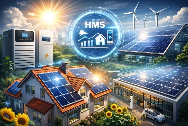 A vibrant scene showcasing homes and buildings with solar panels, wind turbines, and a digital energy management system, emphasizing renewable energy.