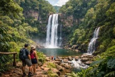 A couple stands admiring a stunning waterfall surrounded by thick green jungle and rocky terrain, with other hikers in the background.