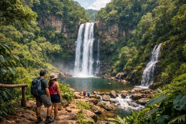 A couple stands admiring a stunning waterfall surrounded by thick green jungle and rocky terrain, with other hikers in the background.
