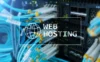 Blurry close-up of blue network cables connected to a server. Overlay text reads "Web Hosting" with a globe icon, conveying a tech-focused theme.