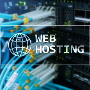 Blurry close-up of blue network cables connected to a server. Overlay text reads "Web Hosting" with a globe icon, conveying a tech-focused theme.