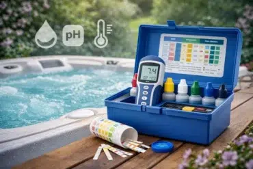 Hot Tub Water Tester Kit showing test strips and color chart for balanced spa water