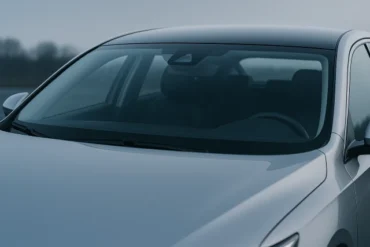 Close-up of the windshield and front interior of a modern car, highlighting sleek design and minimalistic features.