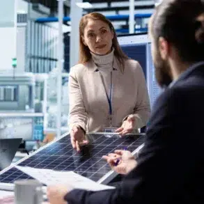 A woman presents a solar panel to three colleagues at a conference table in a modern office. She gestures expressively, suggesting a technical discussion.