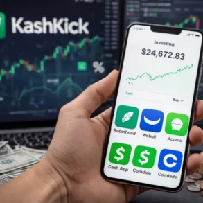A hand holds a phone showing $24,672.83 in investing apps like Robinhood and Cash App. Background has stock charts and cash, conveying financial growth.