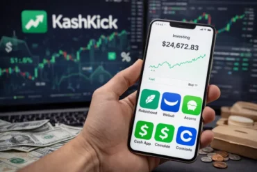 A hand holds a phone showing $24,672.83 in investing apps like Robinhood and Cash App. Background has stock charts and cash, conveying financial growth.