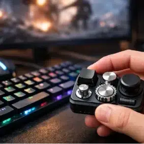 Keyboard Fidget Toy for gamers on desk beside mechanical keyboard and mouse to reduce tilt and keep hands busy between matches