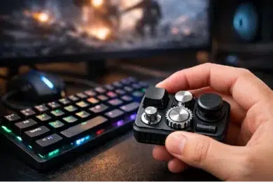 Keyboard Fidget Toy for gamers on desk beside mechanical keyboard and mouse to reduce tilt and keep hands busy between matches
