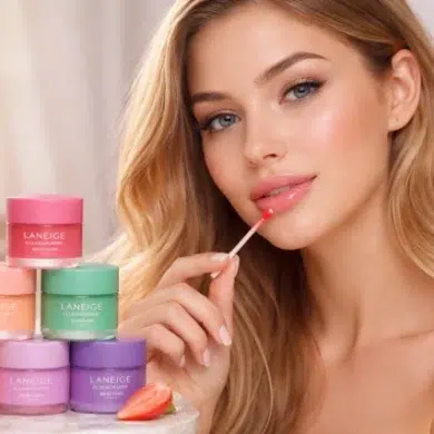 Laneige Lip Mask in Berry, Grapefruit, Vanilla, Sweet Candy and Gummy Bear flavors on a vanity with lip care routine items.