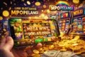 A smartphone displays a colorful online slot game with "Mega Win! 900,60,000" on screen. Surrounding are heaps of gold coins and dollar bills, conveying excitement and luxury. Bright text above reads "Link Slot Gacor MPOPELANGI" with a rainbow logo. Slot machines are visible in the background.