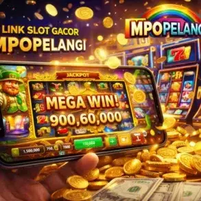 A smartphone displays a colorful online slot game with "Mega Win! 900,60,000" on screen. Surrounding are heaps of gold coins and dollar bills, conveying excitement and luxury. Bright text above reads "Link Slot Gacor MPOPELANGI" with a rainbow logo. Slot machines are visible in the background.