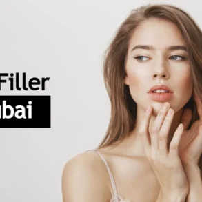 Young woman with long hair, touching her face, looking thoughtful. Text on the left reads "Lip Filler Dubai." Neutral background enhances focus.