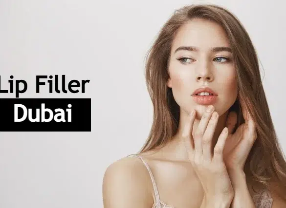 Young woman with long hair, touching her face, looking thoughtful. Text on the left reads "Lip Filler Dubai." Neutral background enhances focus.
