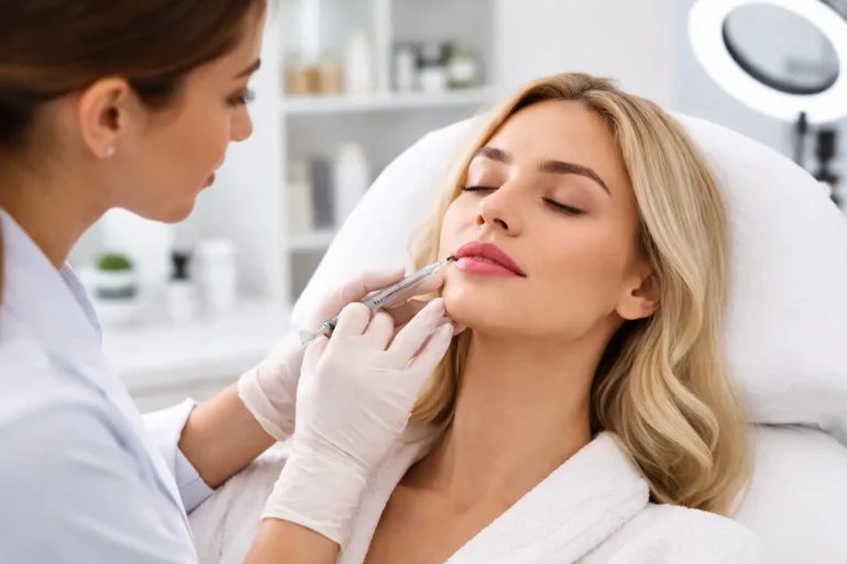 Lip Fillers Near Me consultation with a licensed injector assessing lip shape and planning natural-looking filler results in a clean medical clinic setting