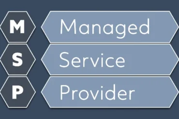 Alt text: "An infographic displays the acronym 'MSP' in hexagons beside arrows labeled 'Managed,' 'Service,' and 'Provider' on a dark blue background."