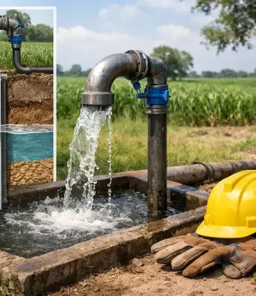 Mature tube well components showing casing, screen, gravel pack, and sanitary well cap