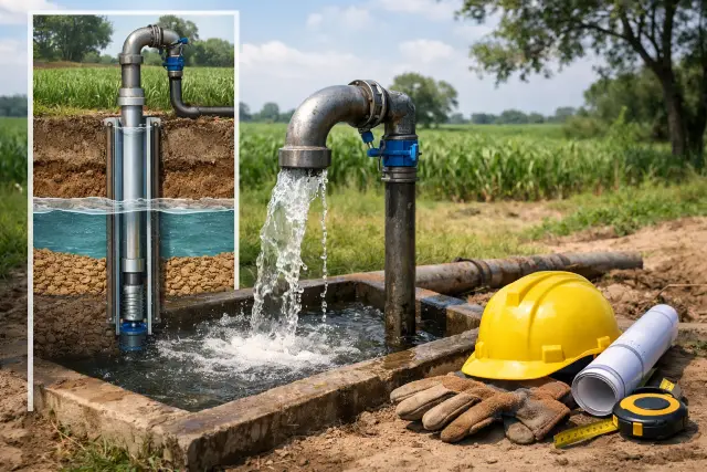 Mature tube well components showing casing, screen, gravel pack, and sanitary well cap