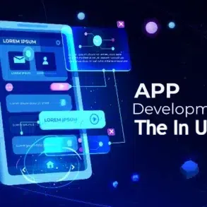 A digital illustration of a mobile app interface with abstract design elements, highlighting "App Development in the US."