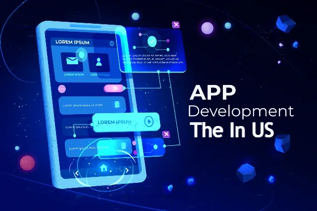 A digital illustration of a mobile app interface with abstract design elements, highlighting "App Development in the US."