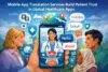 Illustration of diverse people interacting with a healthcare app displaying a doctor. Speech bubbles say "Hello" in various languages, conveying global connectivity.