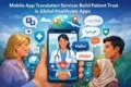 Illustration of diverse people interacting with a healthcare app displaying a doctor. Speech bubbles say "Hello" in various languages, conveying global connectivity.