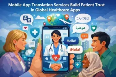 Illustration of diverse people interacting with a healthcare app displaying a doctor. Speech bubbles say "Hello" in various languages, conveying global connectivity.