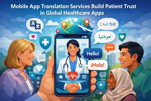 Illustration of diverse people interacting with a healthcare app displaying a doctor. Speech bubbles say "Hello" in various languages, conveying global connectivity.