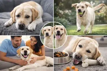 A joyful yellow Labrador retriever playing with a ball outdoors and interacting with humans indoors. Food and a cozy setting included.