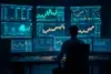 A person sits in front of multiple computer screens displaying financial graphs and data in an office, conveying focus and a high-tech analysis environment.